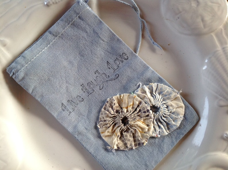 Treasure Trinket Drawstring Bag Live Laugh Love Wedding Something Blue Embellished w 1930/'s Vintage Yoyo/'s -Suffolk Puff Hand Dyed