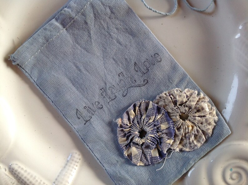 Treasure Trinket Drawstring Bag Live Laugh Love Wedding Something Blue Embellished w 1930/'s Vintage Yoyo/'s -Suffolk Puff Hand Dyed