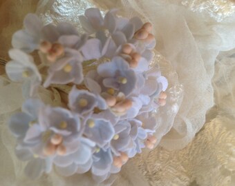 1 BOUQUET   VINTAGE Millinery Flowers Forget Me Nots Pastel Blue wiith Pink Composition Buds  for Weddings - Mothers Day & Easter