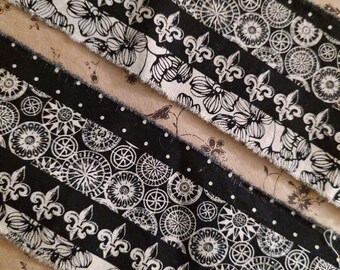 Black  and White French Inspired Trim - Distressed and  Hand Frayed - Fleur de Lis