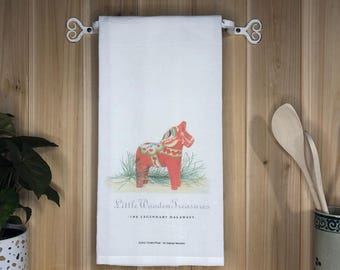 Swedish Dala Horse Tea Towel: Scandinavian Kitchen Decor, 100% Cotton