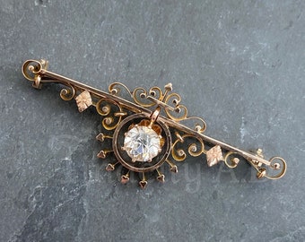 A Gorgeous Victorian Brooch, 10k Yellow Gold Featuring an Imitation Diamond in Fancy Hand-Fabricated Setting, Circa 1890's