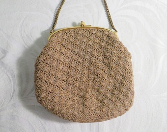 ヴィンテージ ローゼンフェルド ブロンズ クロシェ ハンドバッグ、ゴールドトーン金具、1950年代