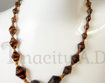 Antique Molded Glass Bead Necklace: Tortoise Shell Flower Pattern, Gold-Filled Chain