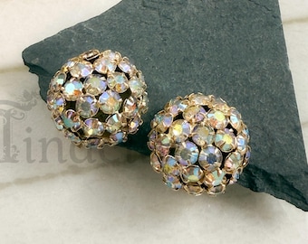 Vintage Weiss Half-Ball Domed Clip Back Earrings, Encrusted with Aurora Borealis Rhinestones, Circa 1960's