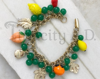 Vintage Whimsical "Fruit Salad" Charm Bracelet, Assorted Colors Dangling Fruit-Shaped Glass Beads, Gold-Tone Leaves, 6 3/4-Inches.