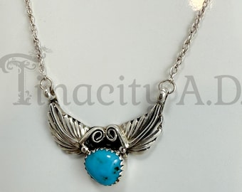 Vintage Sterling Silver and Turquoise Cabochon Feathery Southwest Style Pendant, 20-Inch Chain, Circa 1970's