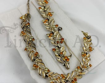Vintage Coro Choker and Bracelet Set, Gold-Tone Leaf Design Links with Orange and Yellow Rhinestones, Circa 1960's.