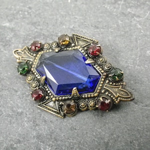 Vintage Bohemian Glass Pin-Brooch, Vibrant Blue Faceted Center with Multicolored Rhinestone Accents, Circa 1920