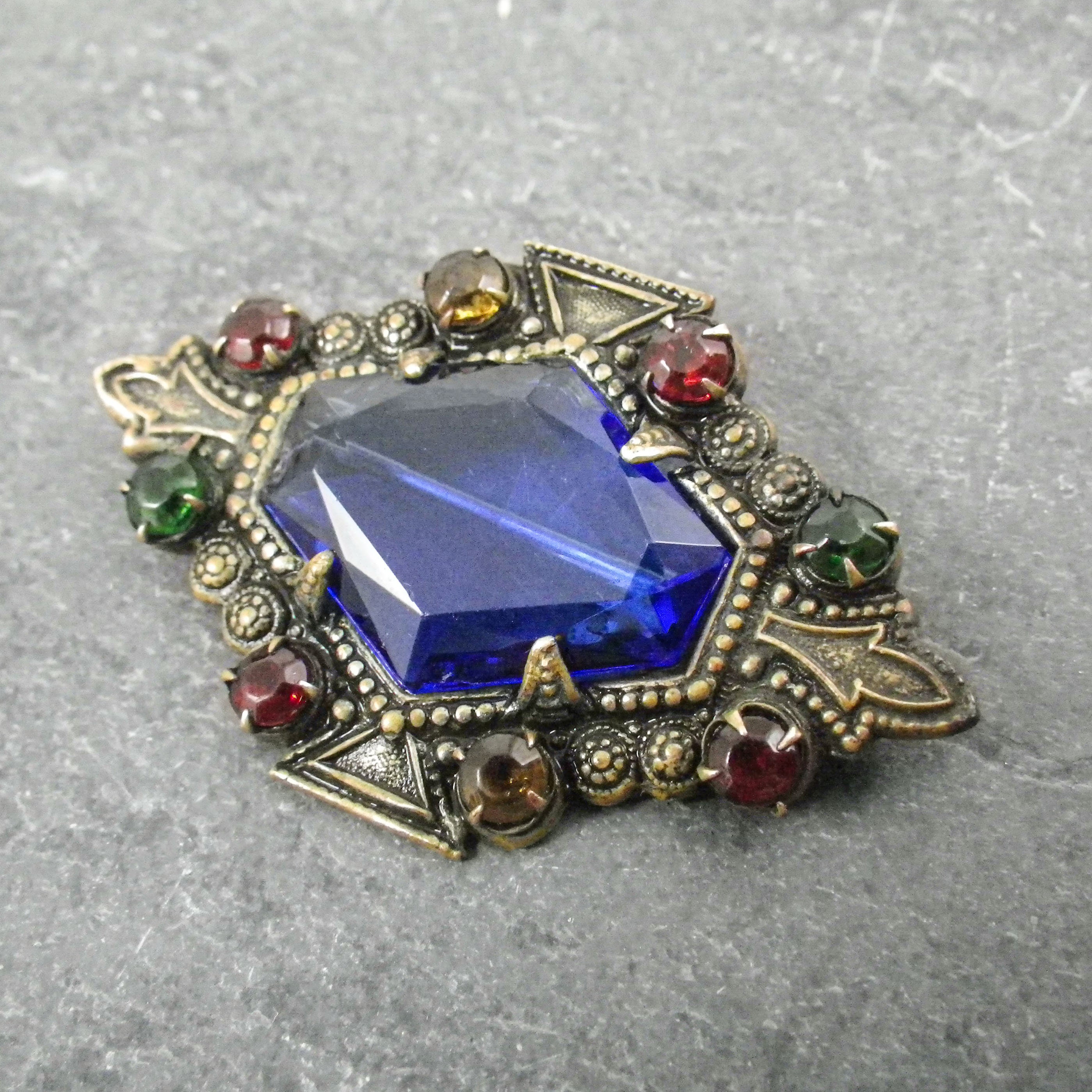 Vintage Bohemian Glass Pin-brooch, Vibrant Blue Faceted