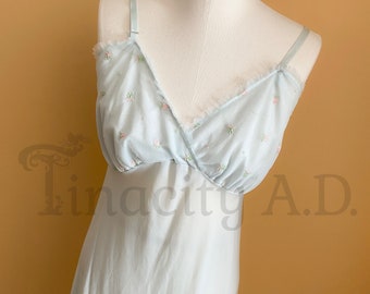 Vintage Light Blue Kickernick Night Gown with Embroidered Flowers and Lace Trim, Circa 1960's