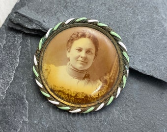 A Vintage Late Victorian Sepia Tone Photograph of Smiling Woman, Set in Green and White Enameled Frame, Circa 1898