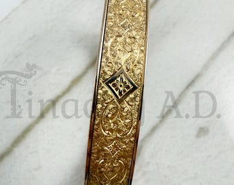 Vintage Victorian Revival Hinged Bangle Bracelet, Yellow Gold-Filled with Fancy Engraved Design, 6 3/4-Inches.
