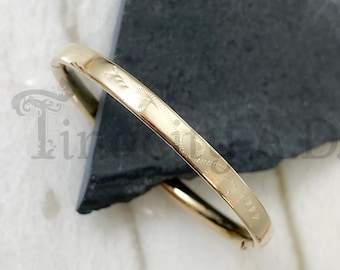 Vintage H.F. Barrows 14k Gold Baby Bangle, Hinged with Fancy Engraved Heart Design on the Top Half, Circa 1950's-1960's.
