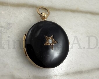 Antique Victorian 18k Gold Small Circular Locket, Black Enameled with Seed Pearl Accent, Circa 1870's.
