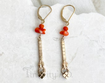 Long Dangle Earrings Featuring a Repurposed Antique Victorian Bar Pin, Circa 1890's, Branch Coral and Lever Back Ear Wires, Gold-Filled