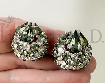 Vintage 1960's Era Warner Cluster Earrings with Olive Green Pear Shaped and Clear Round Rhinestones, Non-Pierced Clip Backs.