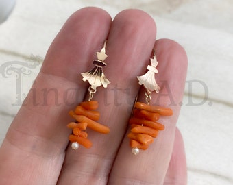 Antique Victorian Elements Gold-Filled Earrings Featuring Repurposed Branch Coral and Seed Pearls with New Gold Filled Findings