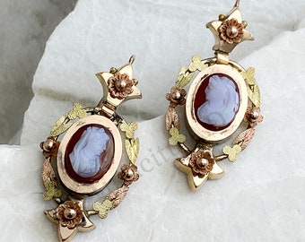 Pair of 10k Gorgeous Antique Victorian Cameo Earrings, Elaborate Rose, Green and Yellow Gold Flower Design, Circa 1880's