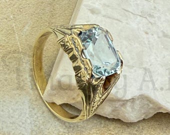 Gorgeous Vintage 14k Ring Featuring Large Emerald Cut Aquamarine with Fancy Engraved Mounting, Size  9 3/4