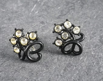Vintage Pair of Lacy Free-Form Non-Pierced Screw Back Earrings, with Black Enameling and Rhinestones, circa 1940