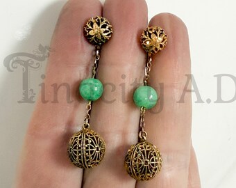 Antique Gold Tone Filigree Dangle Earrings, Peking Glass, Non-Pierced, Circa 1920's