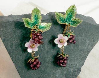 Vintage Grape Cluster and Leaf Design Dangle Earrings, Sterling Silver with Enamel and Garnets, Circa 1980's.