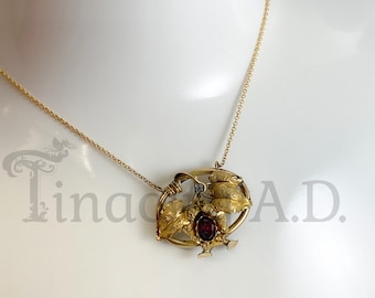 An Antique Victorian Pendant, Yellow Gold-Filled with Vivid Purplish Red Imitation Garnet  Flowery Design,  Circa 1890's, and New Chain