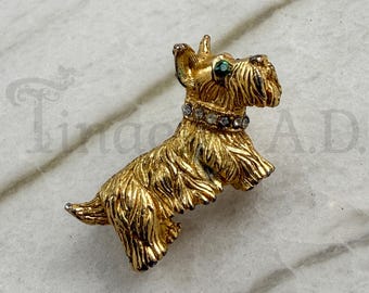 Fun Vintage 1960's Era Three-Dimensional Gold-Tone Scottie Pin with Rhinestone Eyes and Collar.