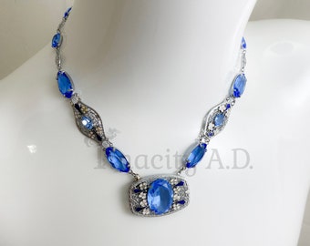 An Incredible Vintage Art Deco Choker Neckpiece Featuring Periwinkle Blue Glass Stones with Delicate Filigree and Enamel Work, Circa 1930