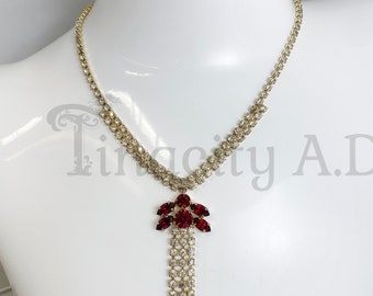 Vintage Gold-Tone Necklace Featuring Red and Colorless Rhinestone Tassel Design, Adjustable Length 15 to 17-Inches.