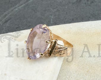 Antique Victorian Ring, 10k Rosy-Tone Yellow Gold, Set with Large Oval Rose de France Amethyst, Finger Size 5 3/4, Circa 1890's.