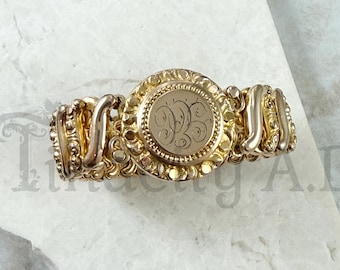Vintage 1930's Sweetheart Small Size Expansion Bracelet,  Gold-Filled with Circular Centerpiece Engraved with Initials.