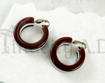 Vintage 1970's Era Plastic/Lucite Hoop Earrings, Chocolate Brown and White Striped with Gold-Tone Non-Pierced Clip Backs.