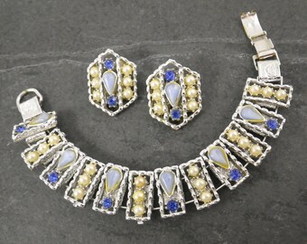 Vintage Mod 1960's Bracelet and Earring Silver Tone Set with Imitation Pearls, Blue Rhinestones and Gray-Blue Pear Shaped Cabochons.