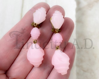 Vintage Light Rosy Pink Plastic Bead Dangle Earrings, Gold-Tone Base Metal, Circa 1960's