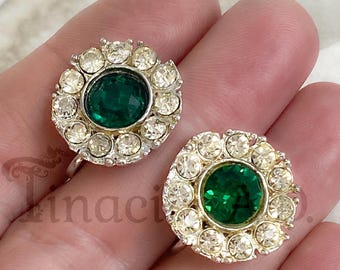 A Pair of Classic Design Coro Rhinestone Cluster Earrings with Vivid Green Rhinestone Center, Circa 1950's
