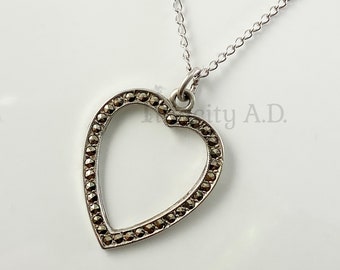 Vintage Sterling Silver Marcasite Heart Pendant Necklace, 1940s