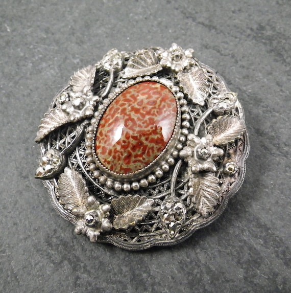 Vintage Oxidized Brooch, Orange Dinosaur Bone Cabochon, Marcasite Flowers, 1930s