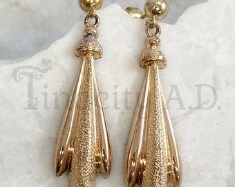 A Statement Pair of Antique Victorian Dangle Earrings, Yellow Gold-Filled Teardrops with Textured and High-Polish Combination, Circa 1890's