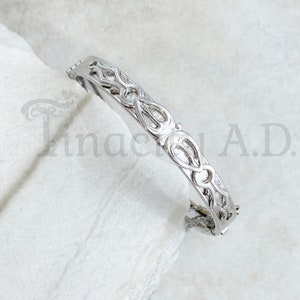A Vintage Silver-Tone Whiting and Davis Hinged Bangle Bracelet with Raised Lacy Applied Design on Both Sides, Circa 1950&#39;s