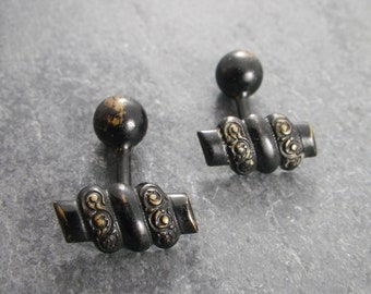 Antique Victorian Cuff Links, Black Enameled with Lovely Raised Scroll Design with Gold Tone Accents, Circa 1890's