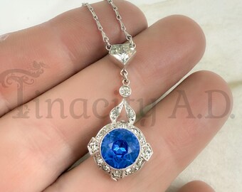 Vintage Edwardian Style Necklace, Sterling Silver with Rhinestones and Vivid Blue Imitation Sapphire, 16 1/2-Inch Link Chain, Circa 1950's