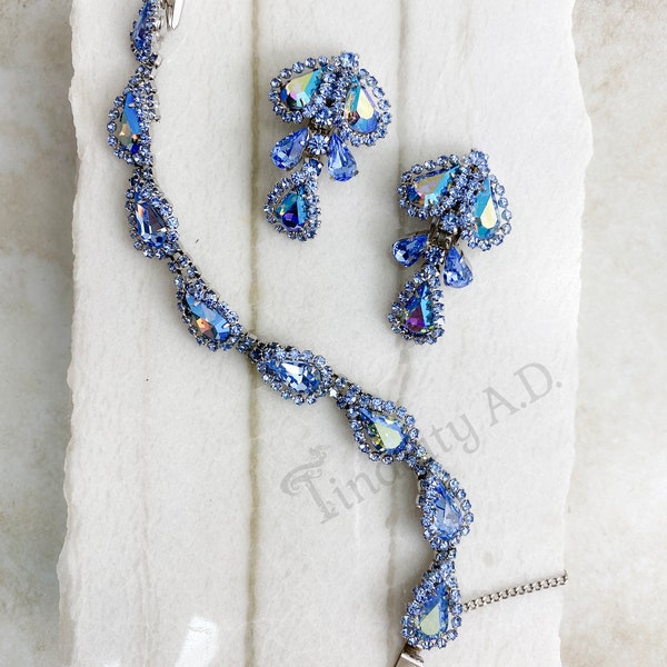 A Vintage Albert Weiss Bracelet and Earrings Set Featuring Vivid Periwinkle Blue Aurora Borealis Rhinestones, Circa 1950