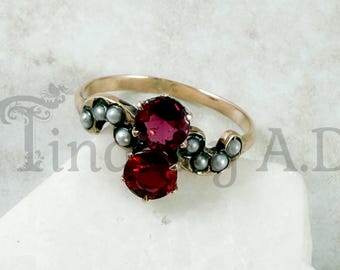 Antique Edwardian Bypass Ring, 10k Gold with Two Ruby Doublets and  Seed Pearl Accents, Size 6 1/4, Circa 1910