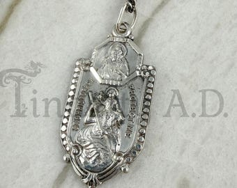 Vintage Sterling Silver St. Christopher Medal, Fancy Shield Shaped with 20-Inch Curb Link Chain, Circa 1940's
