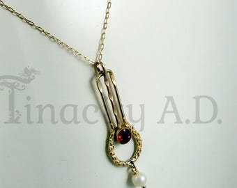 Vintage Elements Repurposed into Edwardian Style Lavalier, Gold-Filled with Imitation Ruby and Cultured Pearl Dangle, 16-Inch Chain.