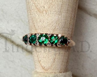 Antique Edwardian Band, 10k Rosy Tone Yellow Gold with Imitation Emeralds and Tiny Diamond Accents, Size 6