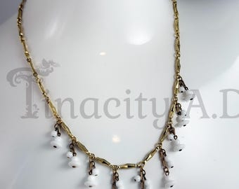 Whimsical Necklace Made From Vintage 1950's Elements, White Milk Glass Bead Dangles and Patterned Gold-Tone Links, 18 1/2-Inches.