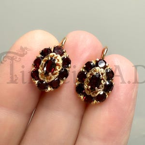 Vintage Antique Revival Earrings, 18k Yellow Gold with a Cluster of Vivid Red Garnets, Circa 1950's